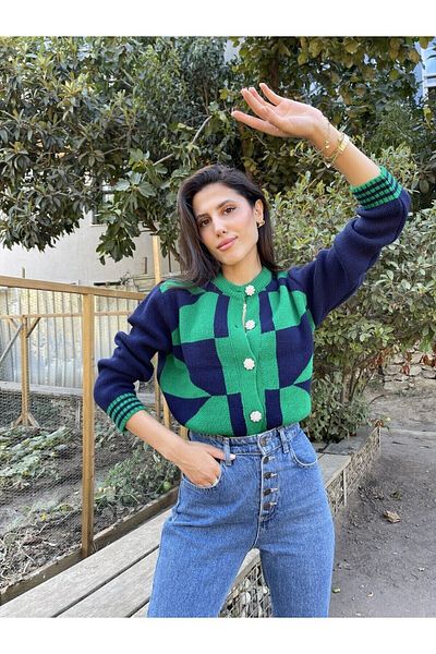 Puella Cardigan tricotat cu nasturi Albastru Marin Verde