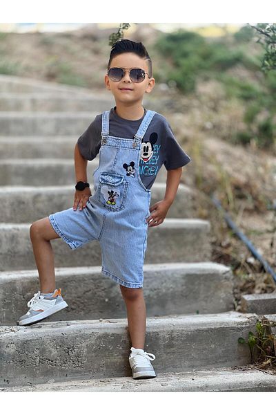 yns coolstar Unisex Micky Embroidered Summer Salopet - Cotton Denim Shorts and Overalls Set