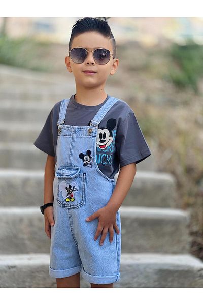 yns coolstar Unisex Micky Embroidered Summer Salopet - Cotton Denim Shorts and Overalls Set