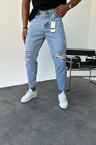 Genel Markalar Boyfriend Asit Yıkamalı Açık Mavi Taşlamalı Yırtık Detaylı Kot Pantolon