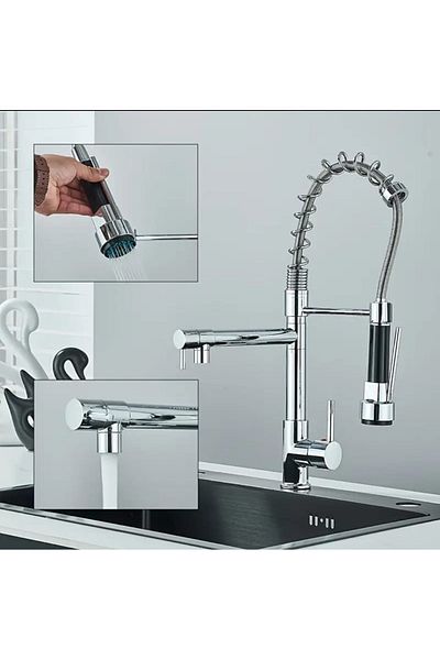 yediyapı Chrome Colored Industrial Type Kitchen Sink Faucet with Intermediate Tap