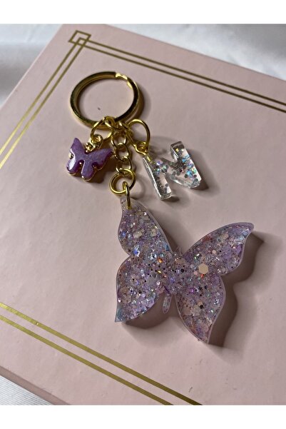 TATLIŞ سلسلة مفاتيح على شكل فراشة إيبوكسي مصنوعة يدويًا، أرجواني