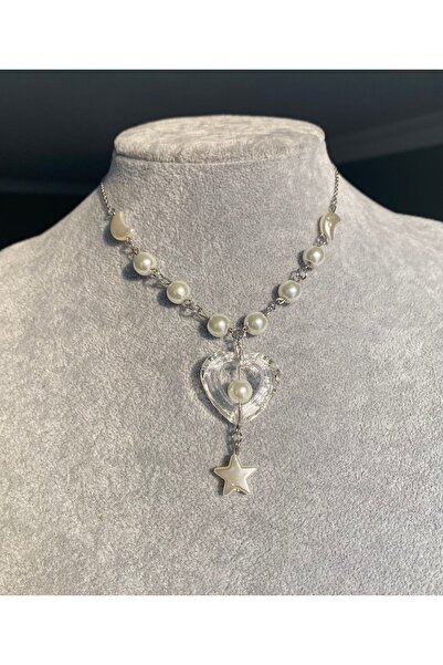 Pinky Lady Fairycore heart necklace with pearls