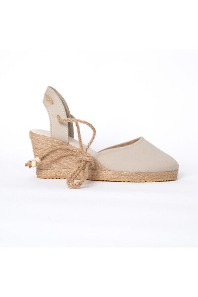 Star Tombis Gerçek Elişi Topuğu Açık Bilekten Bağlamalı Bej Dolgu Topuk Keten...