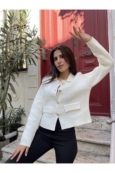 Puella Blazer ecru/jachetă crop din tweed pentru femei cu buzunar cu nasturi aurii Cardigan pentru femei