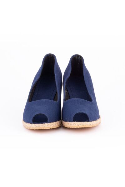 Star Tombis Authentic Handmade Open Toe Wedge Heel Heel Navy Linen Woven Shoes