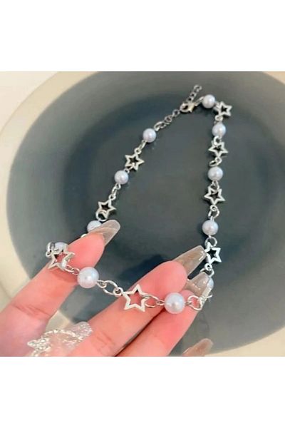 Pinky Lady Aesthetic Star Choker Necklace with Glass Pearls