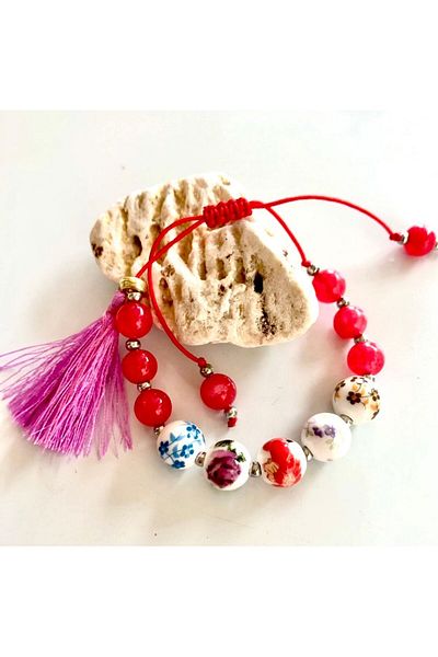 PİRAMİGO Ethnic Chinese Patterned Porcelain and Rose Quartz Bracelet