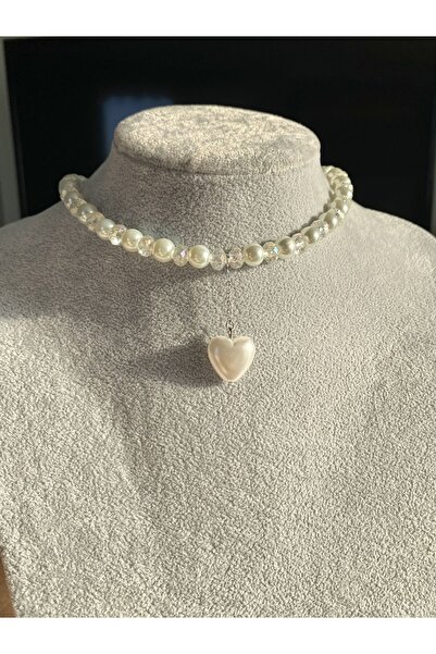 Pinky Lady Parlak taşlı kalpli inci kolye