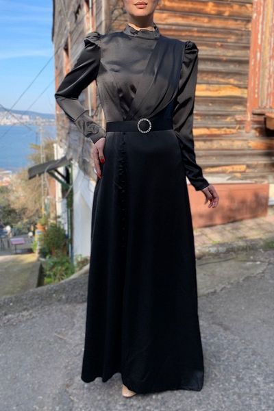 MOI ANGEL Women's Black Maxi Size Long Sleeve Satin Button Detail with Belt Hijab Evening Dress Wedding Party Invitation Engagement