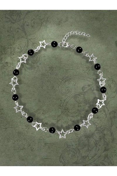 Pinky Lady Y2K Star Necklace with Black Glass Pearls