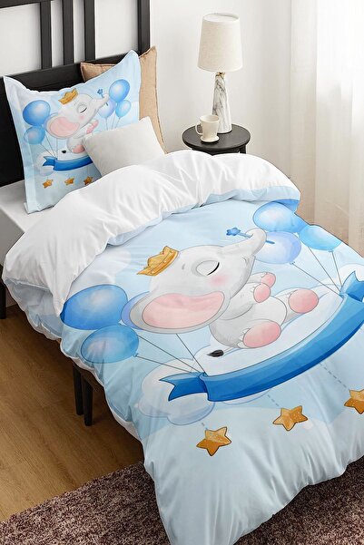 Else Halı Mavi Filli Balonlar Desenli Çarşafsız Tek Kişilik Çocuk Nevresim Ta...