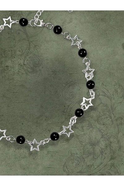 Pinky Lady Y2K Star Necklace with Black Glass Pearls