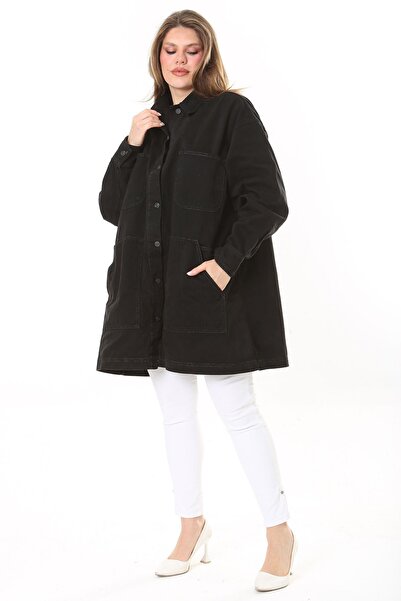 Şans Kadın Büyük Beden Siyah 4 Cepli Rahat Kesim Uzun Kot Mont 65N37893