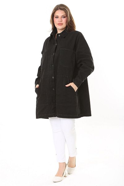 Şans Women's Large Size Black 4 Pockets Relaxed Fit Long Denim Coat 65N37893