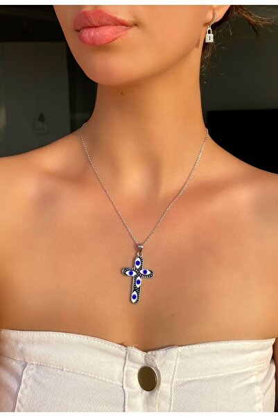 Pinky Lady Nazar boncuklu gümüş kaplama haç kolye