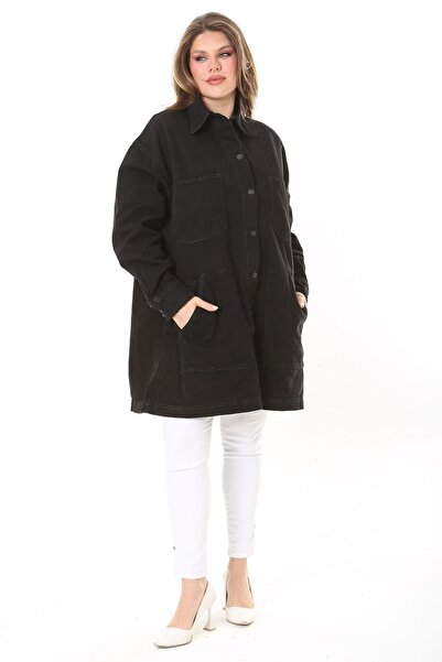 Şans Kadın Büyük Beden Siyah 4 Cepli Rahat Kesim Uzun Kot Mont 65N37893