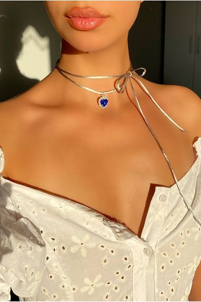 Pinky Lady Dark Blue Zircon Stone String Heart of the Ocean Necklace