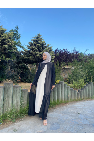 JALİA Jalia Kadın Şifon Büzgü ve Taş Detaylı Önü Açık Abaya-6024