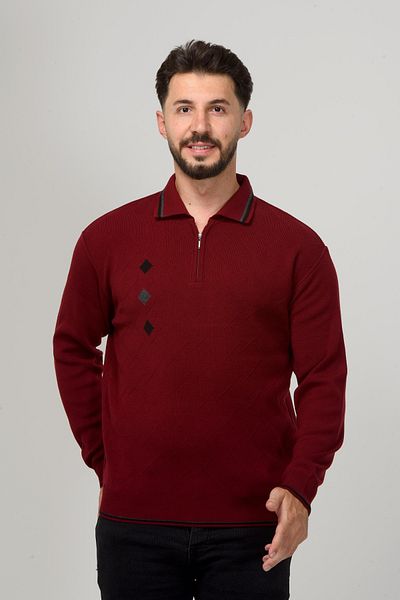 Kamalı Men's Polo Collar Zippered Premium Knitwear Sweater - Gofra Pattern, Non-Pilling