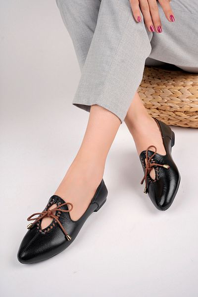 Deripabuc Black Genuine Leather Women's Ballerinas - Dp77-0300