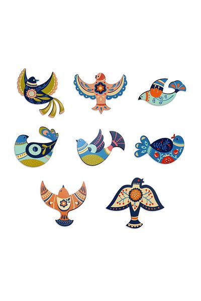 CajuArt Decorative 8 Piece Mixed Motif Birds Wooden Wall Painting Wall Decor