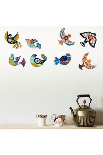 CajuArt Decorative 8 Piece Mixed Motif Birds Wooden Wall Painting Wall Decor