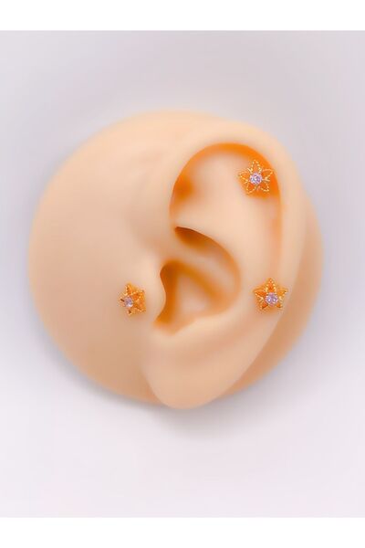 Trinos Cerrahi Çelik Piercing Zirkon Taşlı Lotus Çiçeği Figürlü Kıkırdak Helix Tragus Piercing(1ADET)