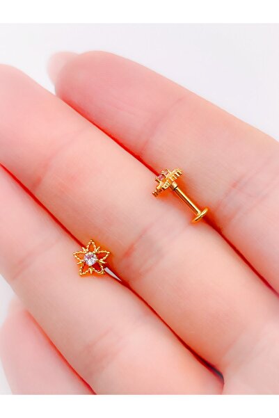 Trinos Cerrahi Çelik Piercing Zirkon Taşlı Lotus Çiçeği Figürlü Kıkırdak Helix Tragus Piercing(1ADET)