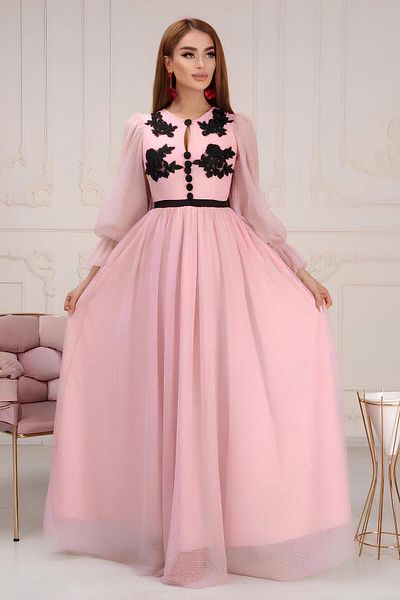 Matik Abiyem Transparent Balloon Sleeve Long Evening Dress with Polka Dot Rose Accessories - Tulle Design Buttoned