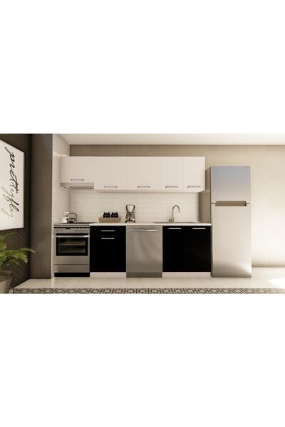 visasconcept 260 Cm Gülden Hazır Mutfak Dolabı Aspiratör Modüllü Beyaz Ve Siy...