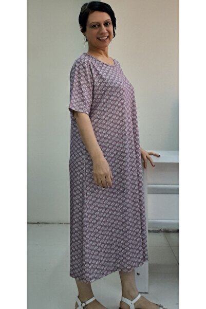 Mertcan Butik Φόρεμα με κοντό μανίκι από χτενισμένο βισκόζη με στάμπα Dusty Rose