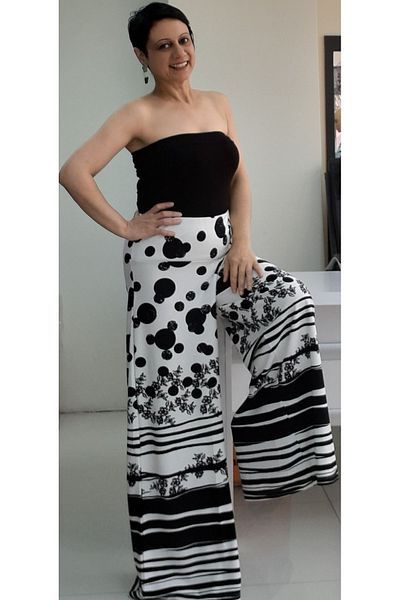 Mertcan Butik White and Black Floral Pattern - Elastic Waist and Wide Leg Steel Skirt