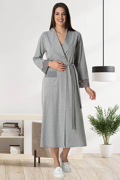 CT MODA Γκρι Δαντελένιο Σχέδιο - Βαμβακερό Γυναικείο Πανωφόρι με Μακριά Ζώνη
