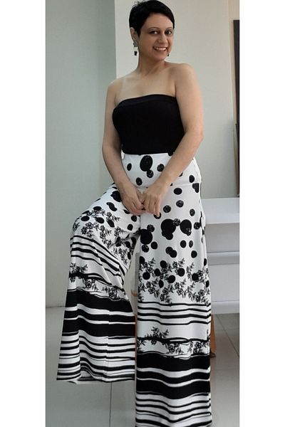 Mertcan Butik White and Black Floral Pattern - Elastic Waist and Wide Leg Steel Skirt