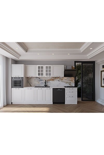 visasconcept 320cm Mdf Gövde Membran Kapak Üç Çekmeceli Ela Hazır Mutfak - Beyaz (TEZGAH DAHİL)