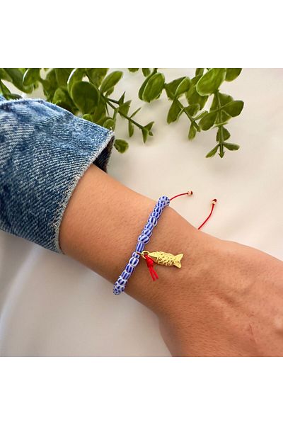 Atelier Çağla Blue Striped Bracelet with Fish Glass Bead Detail