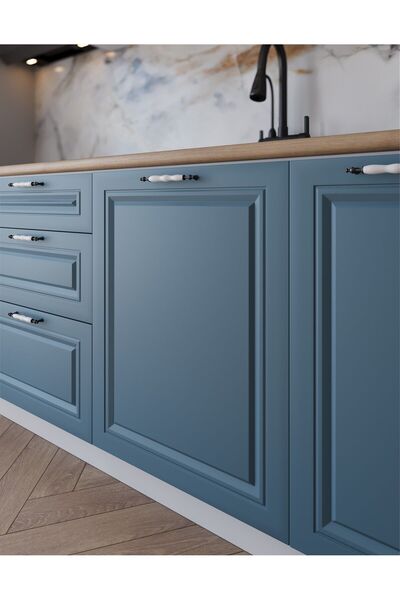 visasconcept 300 Cm Mdf Gövde Membran Kapak Üç Çekmeceli Tanem Hazır Mutfak - Mavi - Beyaz (TEZGAH DAHİL)