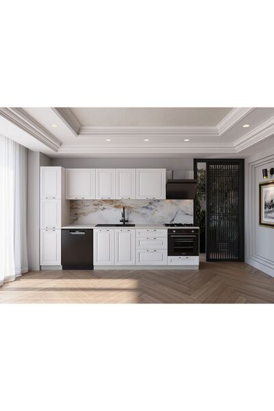 visasconcept 300 Cm Mdf Gövde Membran Kapak Üç Çekmeceli Leyla Hazır Mutfak - Beyaz (TEZGAH DAHİL)