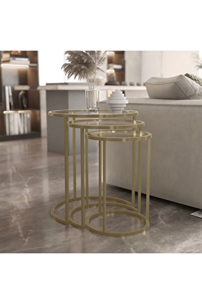 incimetaldesign Inci Metal Design 3'lü Zigon Sehpa Takımı Şeffaf Cam