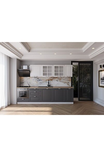 visasconcept 280 Cm Mdf Gövde Mebran Kapak Üç Çekmeceli Elvan Hazır Mutfak -antrasit - Beyaz(TEZGAH DAHİL)