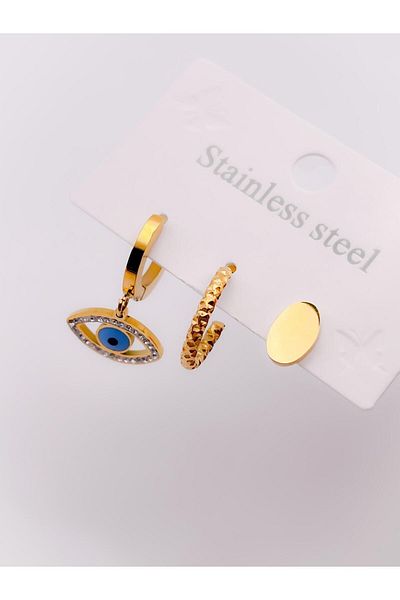 Trinos 3-Piece Steel Earrings - Eye Detailed and Jewelled Earring Set