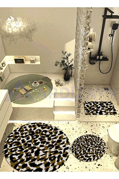 Ardizayn ليوبارد-بني، قماش الخيزران، قاعدة منسوجة سجادة حمام مستديرة (100x100-60x60-40x60 سم مجموعة من 3 قطع)