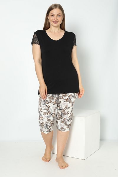 shefox Battal Viscose Summer Capri Set - Short Sleeve and Lace Detail by confeo