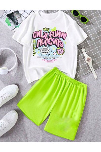 LOUİSA Σετ κοριτσίστικο σορτς και μπλουζάκι σε λευκό νέον Funky printed