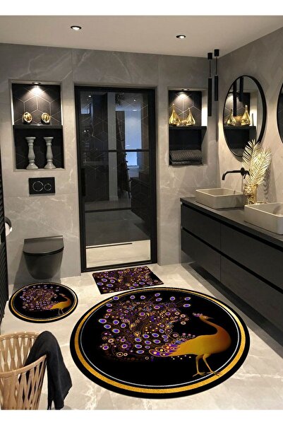 Ardizayn Peacock, Non-Slip, Organic Cotton Woven Base 3-Piece Bathroom Rug Set (100X100-60X60-40X60Cm)