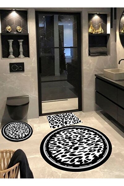 Ardizayn Leopard, Bamboo Fabric Cotton Woven Base Round Bath Rug (100x100-60x60-40x60 Cm Set of 3)