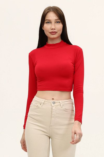 LAENT Red Long Sleeve Stand Collar Crop Blouse - Women
