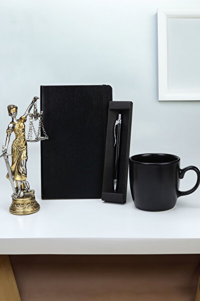 Trendmiya Siyah Tükenmez Kalem & Siyah Defter & Siyah Kupa & Adalet Heykeli H...