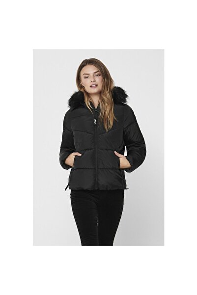 ONLY Monica Γυναικείο Χειμερινό Μαύρο Πουφερ Παλτό - Γούνινη Λεπτομέρεια 15205638